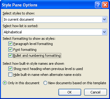 Style Pane Option dialog box