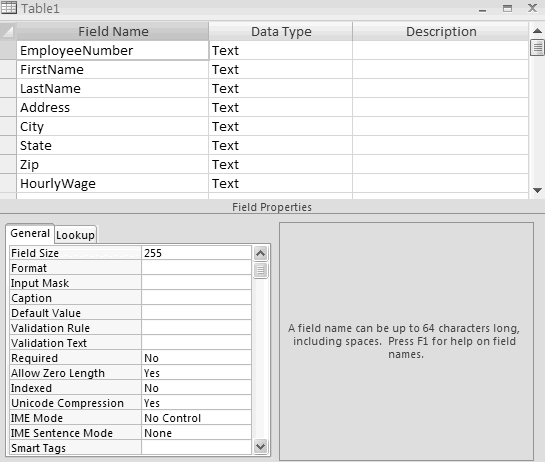 ms access table design view