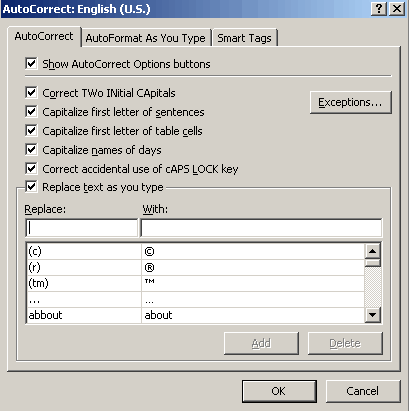 AutoCorrect Dialog Box