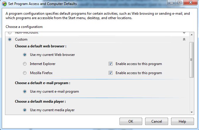 Set Program Access and Computer Default Dialog Box