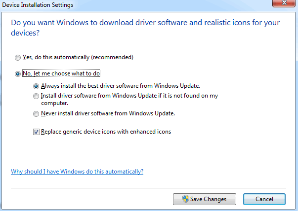 Device Installation Settings dialog box