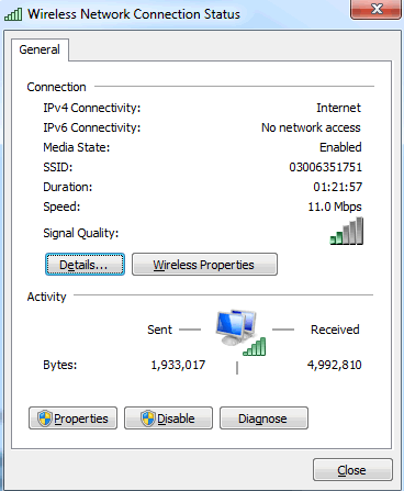 The Status dialog box for a wired network connection