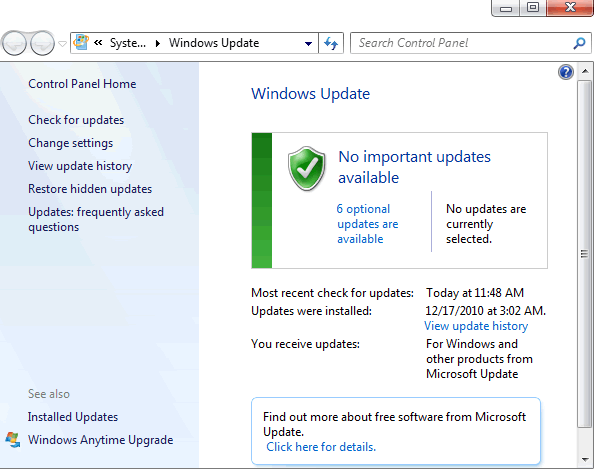 The Windows Update applet